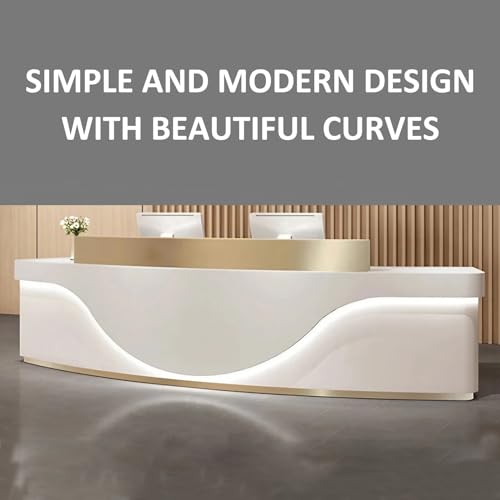 KAGUYASU Modern Curved Reception Desk with Light, Checkout Counter Hutch, Retail Counter Table, Lockable Drawer Door File Cabinet, Office Computer Front Desk (Grey + Gold Stainless Steel, 149.61")