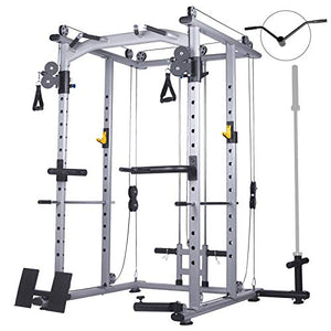 Mikolo Multi-Function Power Cage, 1400 lbs Commercial Weight Cage with Cable Crossover Machine, J-Hooks, Landmine, T-Bar, Dip Bars, Barbell Holder, and Other Attachments