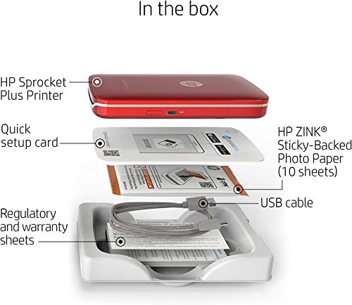 HP Sprocket Plus Instant Photo Printer, Print 30% Larger Photos on 2.3x3.4 Sticky-Backed Paper – Red (2FR87A), Small