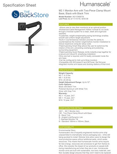 Humanscale M2.1 Adjustable Monitor Arm with Two-Piece Clamp Mount with Base - Black M21CMBBTB