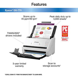 Epson DS-770 Document Scanner: 45 ppm, Twain & ISIS Drivers, 3-Year Warranty with Next Business Day Replacement