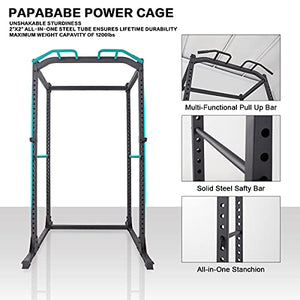 papababe Power Rack-1200 LB Capacity Power Cage, 2"x 2" Steel Squat Stand Rack with J-Hooks for Bench Press, Weightlifting and Strength Training with Adjustable Bench