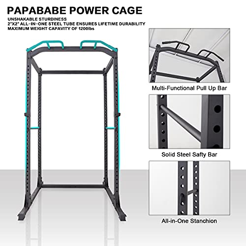 papababe Power Rack-1200 LB Capacity Power Cage, 2"x 2" Steel Squat Stand Rack with J-Hooks for Bench Press, Weightlifting and Strength Training with Adjustable Bench