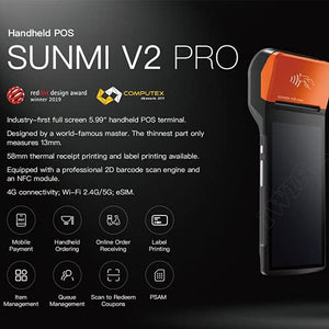 IWIRA Portable Printer 58mm Thermal Sunmi V2 PRO POS Receipt with Android OS7.1,5.99'' HD,4G,NFC,Supports Label Printing & Printing,Compatible Loyverse iREAP&CashStock (5), Orange, Black