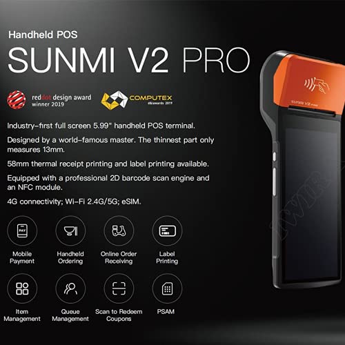 IWIRA Portable Printer 58mm Thermal Sunmi V2 PRO POS Receipt with Android OS7.1,5.99'' HD,4G,NFC,Supports Label Printing & Printing,Compatible Loyverse iREAP&CashStock (5), Orange, Black