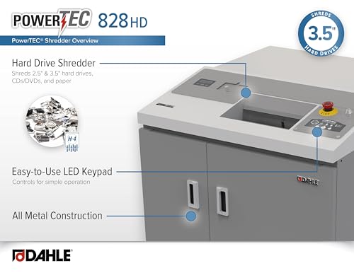 Dahle PowerTEC 828 HD Hard Drive/Paper Shredder, Chain Driven 4.5 Hp Motor, Security Level P-3/H-4