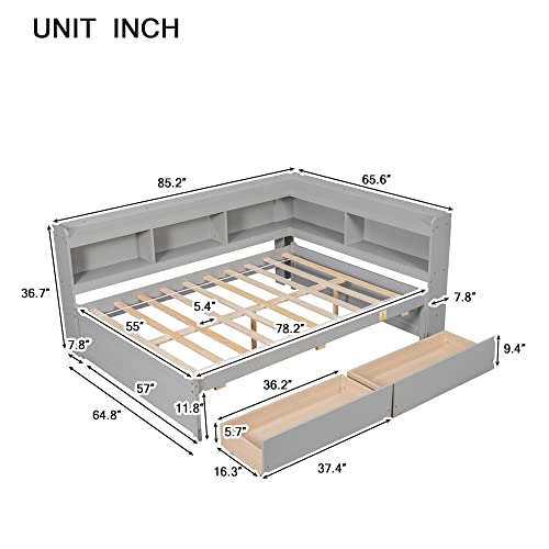 BQXDJT Full Size Wood Floor Bed with L-Shaped Bookcases and Storage Drawers - Grey
