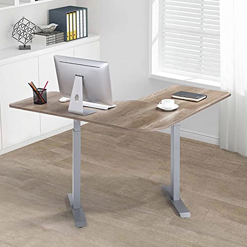 UNICOO - L Shaped Dual Motor Electric Height Adjustable Standing Desk, Computer Corner Desk, Home Gaming Desk, Office Writing Workstation (Grey Frame/Antique Oak Top) XOT-L-GA