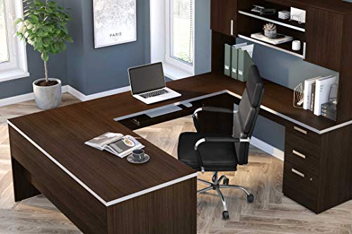 Bestar Ridgeley U-Shaped Executive Desk with Pedestal and Hutch, 65W, Dark Chocolate