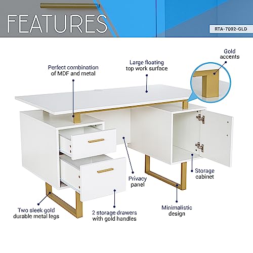 Techni Mobili Modern Office Desk with Storage Drawers and Cabinet, White/Gold