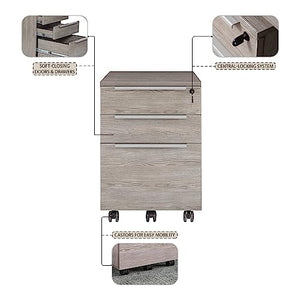 Unique Furniture Mid-Century Modern 3-Drawer Vertical File Cabinet with Castors, Central-Locking System, Freestanding Storage - Grey