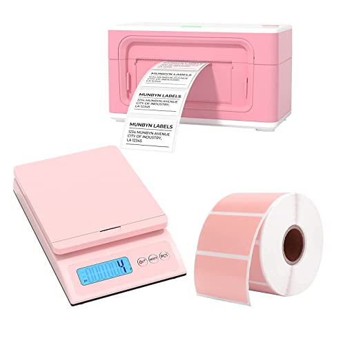 MUNBYN 4x6 Thermal Label Printer with 2.25"x1.25" Direct Thermal Labels and Shipping Scale, Accurate 66lb/0.1oz Postal Scale with Sweet Pink Style and Hold/Tear/PCS Function for Shipping Packages
