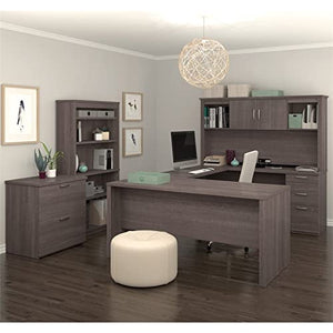 Pemberly Row 66" U-Shaped Desk with Hutch, File, and Bookcase in Bark Gray