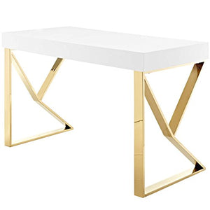 Modway Adjacent Contemporary Modern Office Desk With Metallic Legs in White Gold