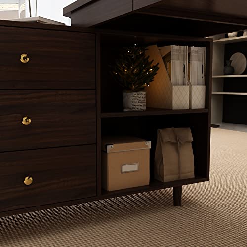Homsee L-Shaped Executive Desk with Drawers, Shelves, Keyboard Tray & Storage Cabinet, 55 Inch - Deep Brown