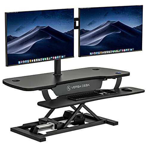 VERSADESK Electric Height Adjustable Standing Desk Converter, 40 Inch PowerPro with Keyboard Tray, USB Charging Outlet, 80 lbs Capacity, Button Switch - Black