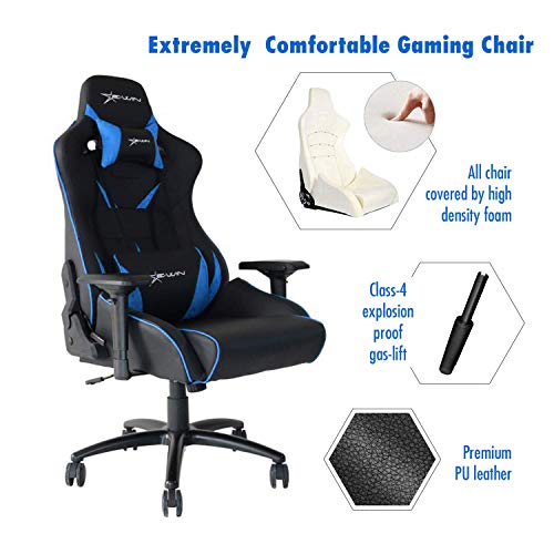EWin Computer Gaming Office Chair 330lbs 4D Adjustable Armrests Ergonomic High-Back PU Leather Tilt Rocker Seat Height Adjustment Mechanisms Black Blue with Pillows(Flash Normal Series)