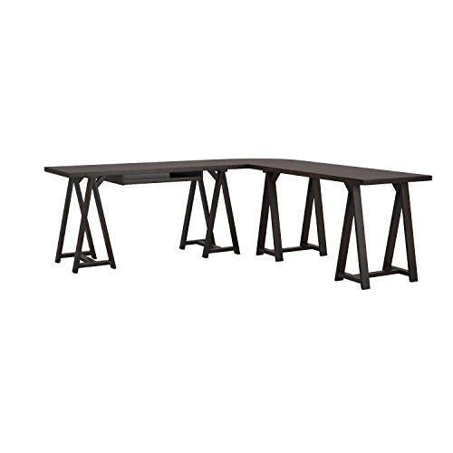 Simpli Home 3AXCSAW-10-BR Sawhorse Solid Wood Modern Industrial 84 inch Wide L-Shape Corner Desk in Dark Chestnut Brown