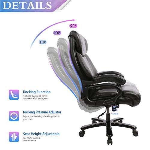 KBEST High Back Big & Tall 400lb Office Chair - Heavy Duty Metal Base, Adjustable Built-in Lumbar Support and Tilt Angle Large Bonded Leather Ergonomic Executive Desk Computer Swivel Chair, Black