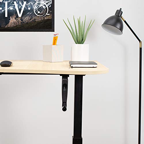 VIVO Height Adjustable Stand Up Desk, Crank System, Complete Workstation with 3 Section Light Wood Table Top, Black Frame, DESK-KIT-1MBC