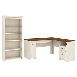 Bush Furniture Fairview L Shaped Desk and 5 Shelf Bookcase in Antique White