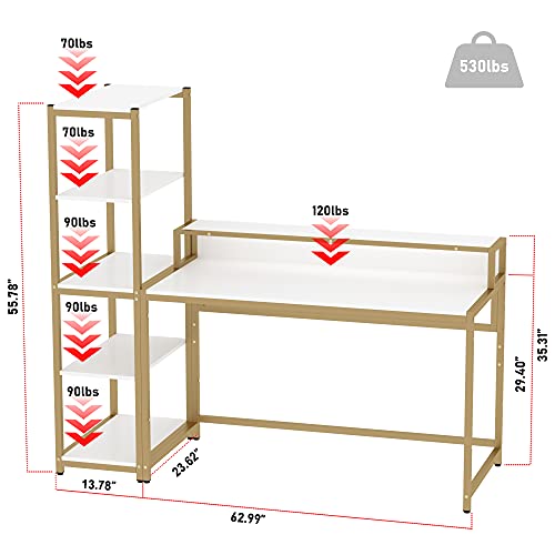 Teraves Computer Desk with 5 Tier Shelves,Reversible Writing Desk with Storage 47 Inch Study Table for Home Office Independent Bookcase and Desk for Multiple Scenes (Desk+Shelves, White+Gold Frame)
