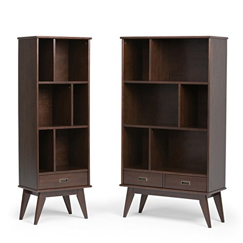 Simpli Home 3AXCDRP-13 Draper Solid Hardwood 64 inch x 35 inch Mid Century Modern Wide Bookcase and Storage Unit in Medium Auburn Brown