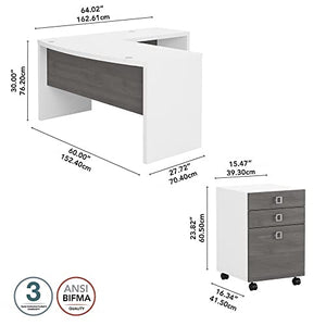 Bush Business Furniture Echo L Shaped Bow Front Desk with Mobile File Cabinet, Pure White/Modern Gray, 60W
