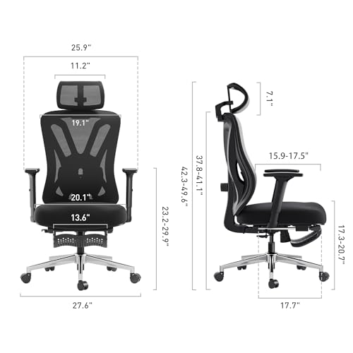 Hbada Ergonomic Office Chair with Adjustable Lumbar Support, Height, Footrest, 2D Headrest - Black