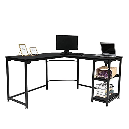 L Shaped Computer Desk 54" with Storage Shelves Gaming L Desk Workstation for Home Office Wood & Metal, Black