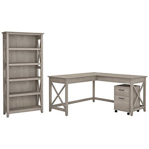 Bush Furniture Key West L Shaped Desk Set with File Cabinet and Bookcase, 60W, Washed Gray