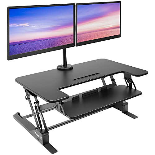 Mount-It! Standing Desk Converter with Dual Monitor Mount - Height Adjustable 36 Inch Sit Stand Workstation - Black (MI-7934)