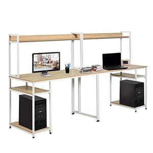 HOMCOM Industrial Double Computer Desk with Hutch and Storage Shelves, Extra Long Home Office Writing Table 2 Person Workstation, CPU Stand, Oak Wood Grain