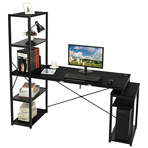 Computer Desk with 5-Tier Shelves, 3 in 1 Bookshelf, Computer Desk, and Main Frame, 47.2" Drafting Drawing Table with 60° Tiltable Tabletop, PC Laptop Table Study Workstation for Home Office (Black)
