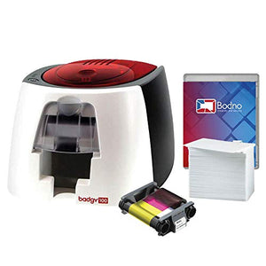 Badgy100 Color Plastic ID Card Printer with Complete Supplies Package with Bodno ID Software - Silver Edition