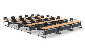 Team Tables 24 Person Training Meeting Seminar Classroom Model 5553 Folding Industrial Caster Z-Base with Modesty Panel, Shelf, Power+USB Outlet, and Seating - Beech Finish