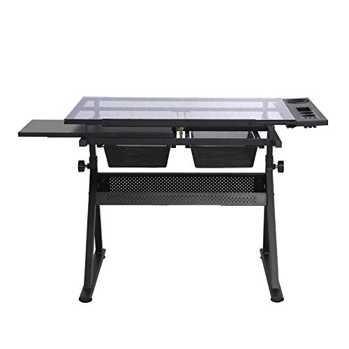 Pumpumly Height Adjustable Glass Top Drafting Draft Table Art & Craft Drawing Desk Folding Adjustable with Stool and 3 Storage Drawers