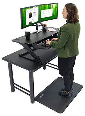 iMovR ZipLift+ 42" Standing Desk Converter with Ergonomic Tilting Keyboard Tray in Black with EverMat Portable Standing Mat