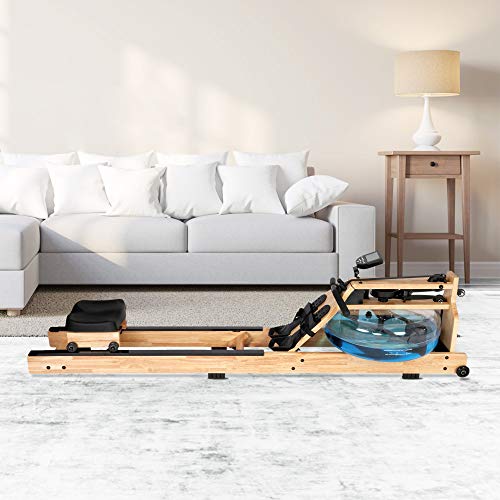LUCYKERMORE Oak Wood Water Rowing Machine for Home Use with Adjustable Pedal Exercise Equipment for Whole Body Cardio Training, 330 lbs