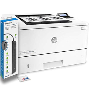 HP Laserjet Pro M402dw Monochrome Laser Printer (C5F95A) with Power Strip Surge Protector and Electronics Basket Microfiber Cleaning Cloth
