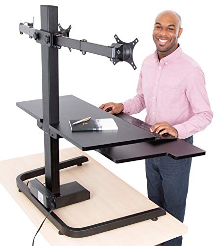 Stand Steady Techtonic | Electric 3 Arm Monitor Mount Standing Desk | Stand Up Desk Converter with Keyboard Tray Supports 3 Screens | Easy & Quiet Sit to Stand with the Push of a Button! (Black)