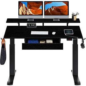 Rolanstar Adjustable Height Desk with Drawer 55" Dual Motor Standing Desk with USB Charging Ports, Stand Up Home Office Desk with Shelf, Double Headphone Hook, Black