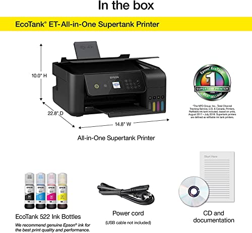 Epson EcoTank ET Series Wireless Color Inkjet All-in-One Supertank Printer, Voice Activated - 10.5 ppm, Print Scan Copy, Borderless Photo Printing, Ethernet, Black