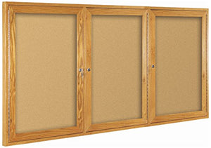 Best-Rite Wood Trim Enclosed Bulletin Board Cabinet, 2 Hinged Door, 36"H x 60"W, Natural Cork, Oak Frame (94HWE)