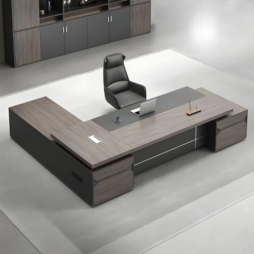 KWOKING Executive Office Desk with Cable Management & Wood Tabletop - Grey, 94.5"L x 63"W x 29.5"H