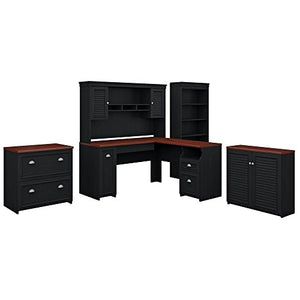 Bush Furniture Fairview 60W L Shaped Desk with Hutch, Storage Cabinets and 5 Shelf Bookcase in Antique Black and Hansen Cherry