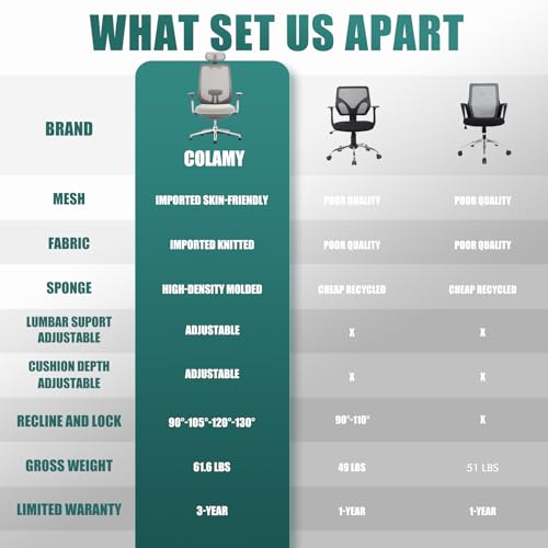 COLAMY Ergonomic Mesh Office Chair with Adjustable Headrest and 4D Arms, Slide Seat, Tilt Lock-Light Grey