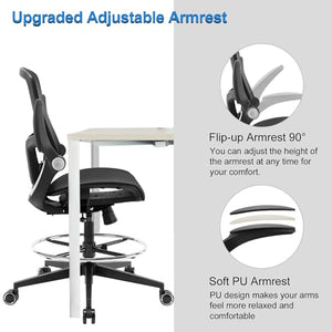 Luckyear Office Drafting Chair with Footrest Ring and Lumbar Support - Black