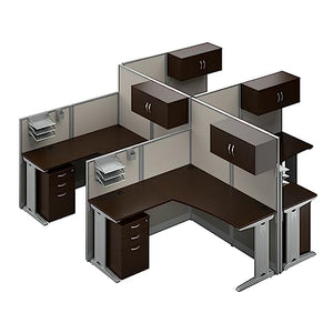 Bush Business Furniture Office in an Hour 4 Person L Shaped Cubicle Workstations in Mocha Cherry