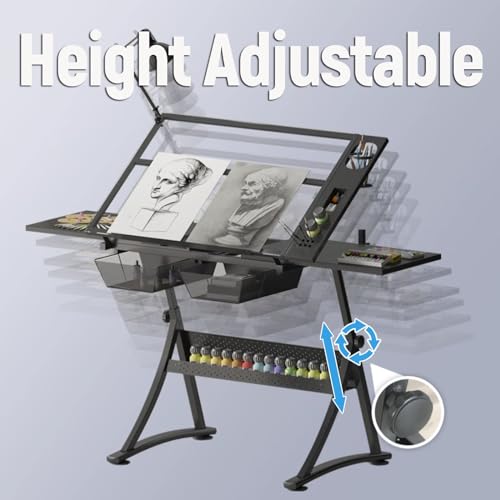 TemkIN Drafting Table for Artists with Adjustable Angle & Height, Side Shelf, 2 Storage Drawers - Ideal for Reading, Writing, Crafting